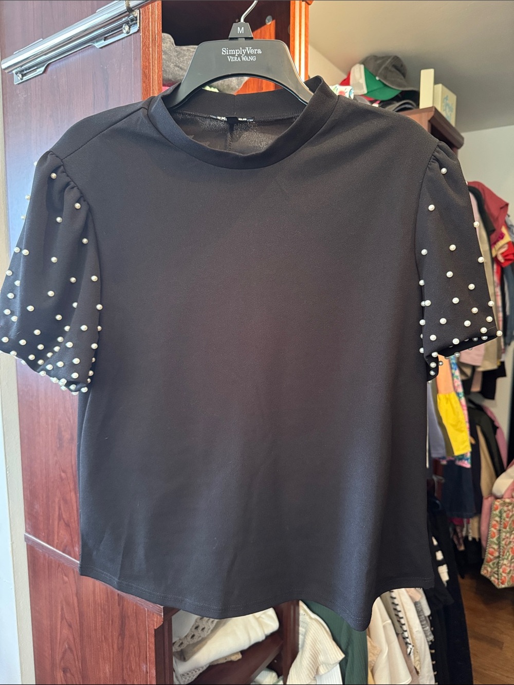 Express Black Short-Sleeve Top with Pearl Accent Sleeves